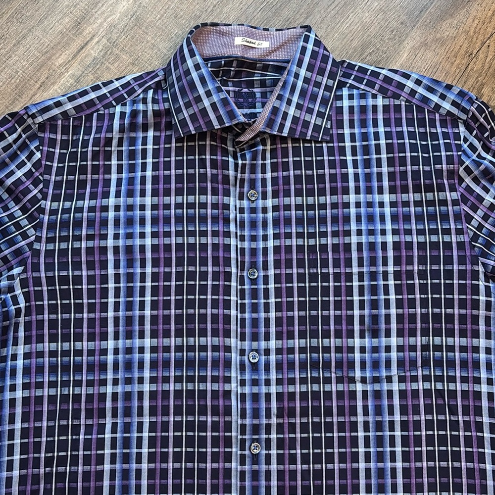 Bugatchi Men’s Size L Blue and Purple Casual Button Down Shirt Shaped Fit‎ - Picture 3 of 13